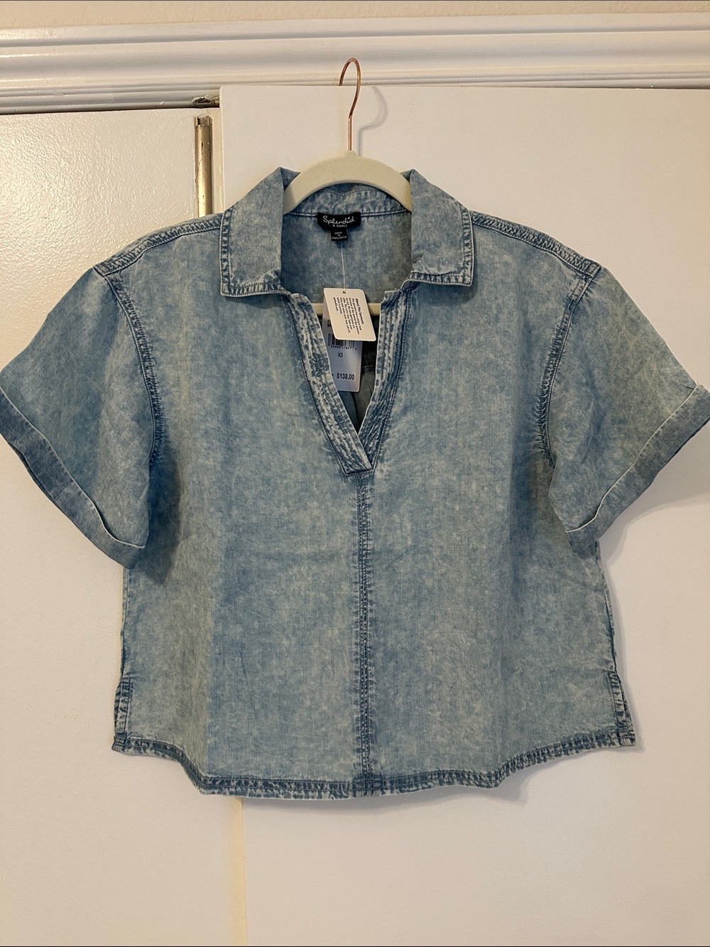 Splendid Light Blue Washed Denim Short Sleeve Top New With Tags